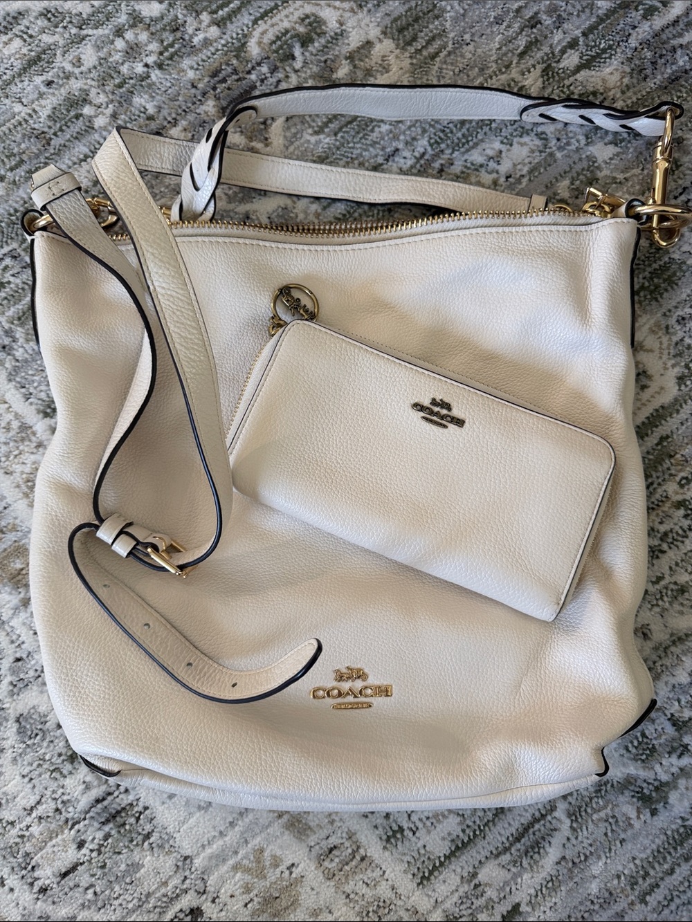 Coach Cream Pebbled Leather Shoulder Bag with Wristlet